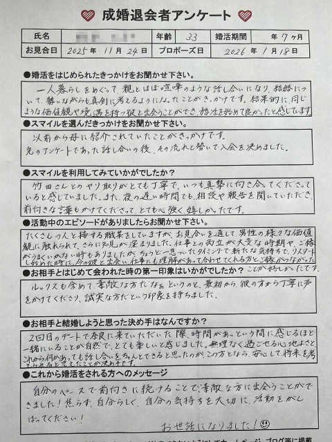 スマイル女性会員T様　33歳　公務員　奈良県在住　活動期間７か月　お相手男性　31歳